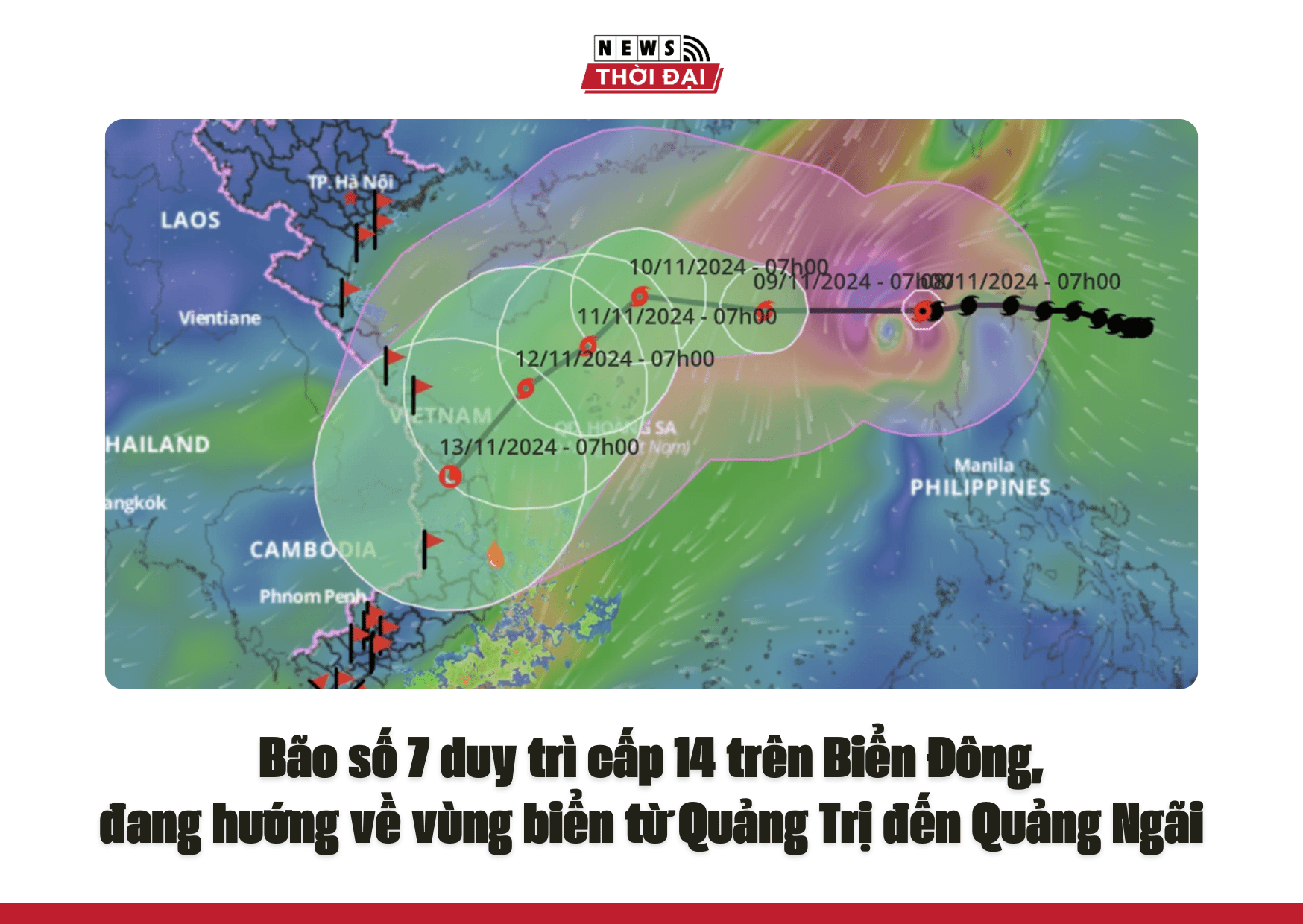 Bão số 7 duy trì cấp 14 trên Biển Đông, đang hướng về vùng biển từ Quảng Trị đến Quảng Ngãi